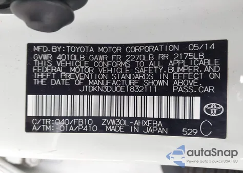 2014 Toyota Prius Two из США, поврежденный, VIN JTDKN3DU0E1832111